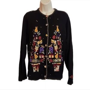 Floral Embroidered Black Cardigan Sweater
